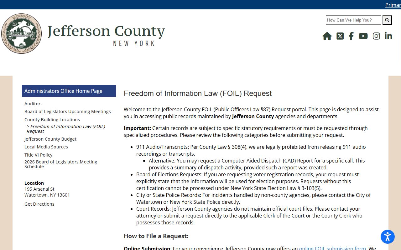 Jefferson County FOIL portal for inmate records and custody record requests