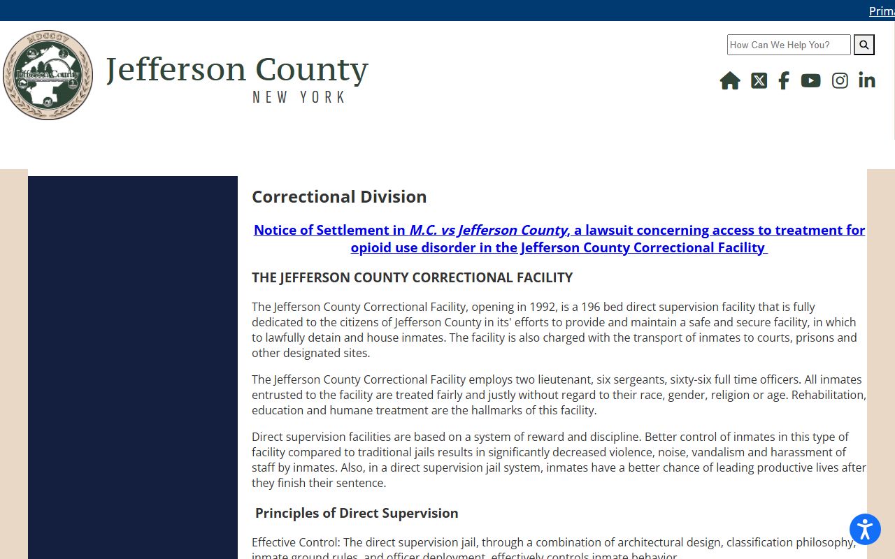 Jefferson County Correctional Division page showing jail capacity and direct-supervision details
