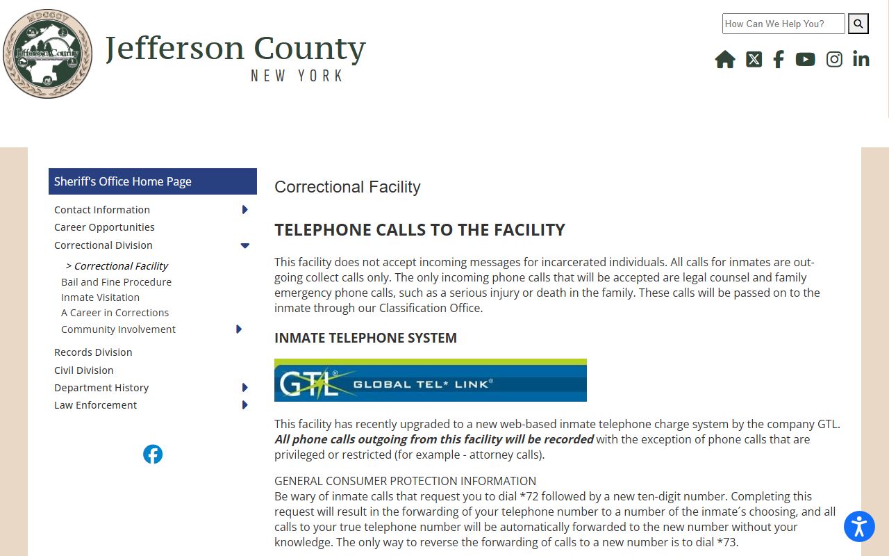 Jefferson County jail services page showing GTL phone, commissary, SmartDeposit, and mail rules