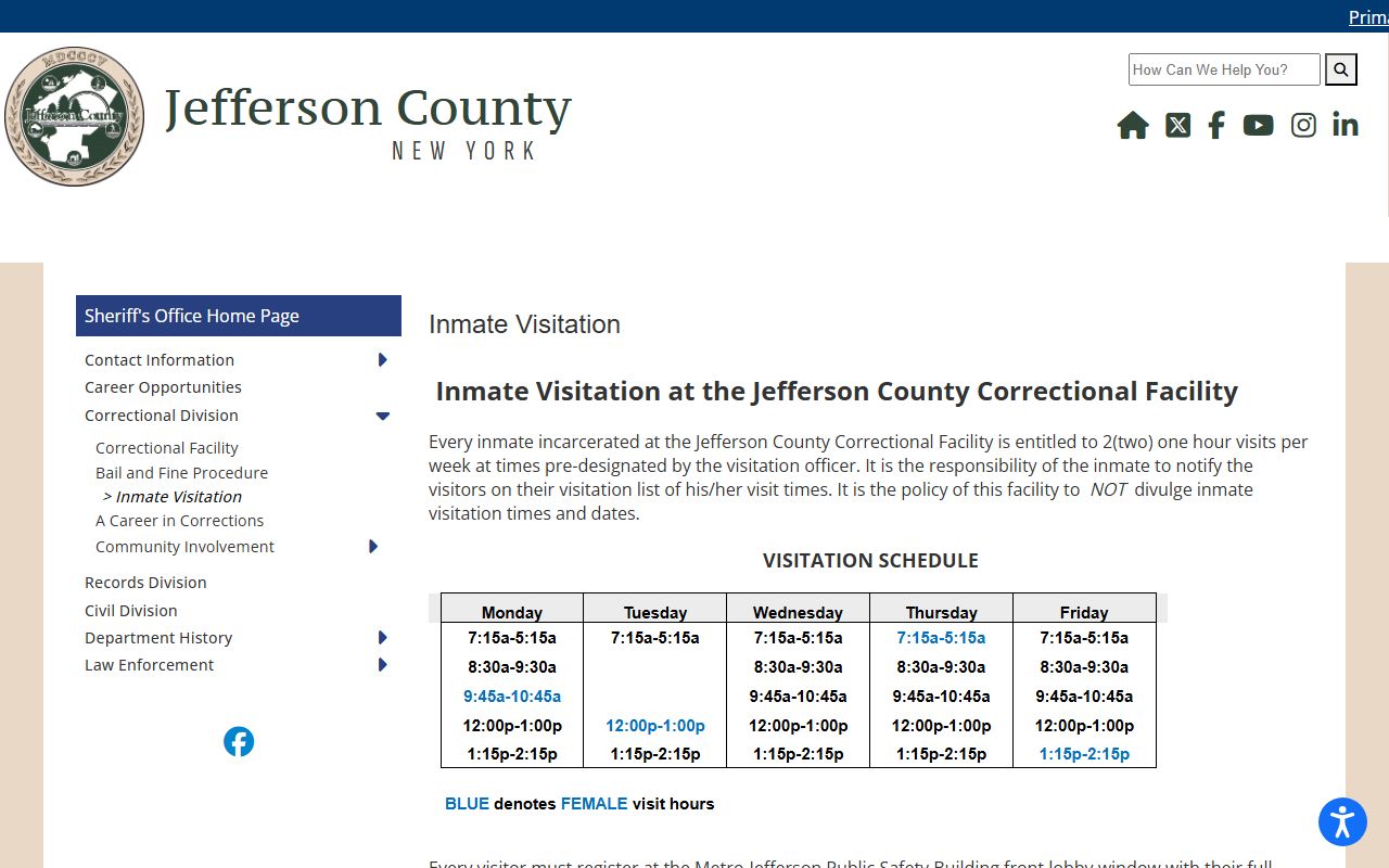 Jefferson County inmate visitation page showing registration and visitor rules